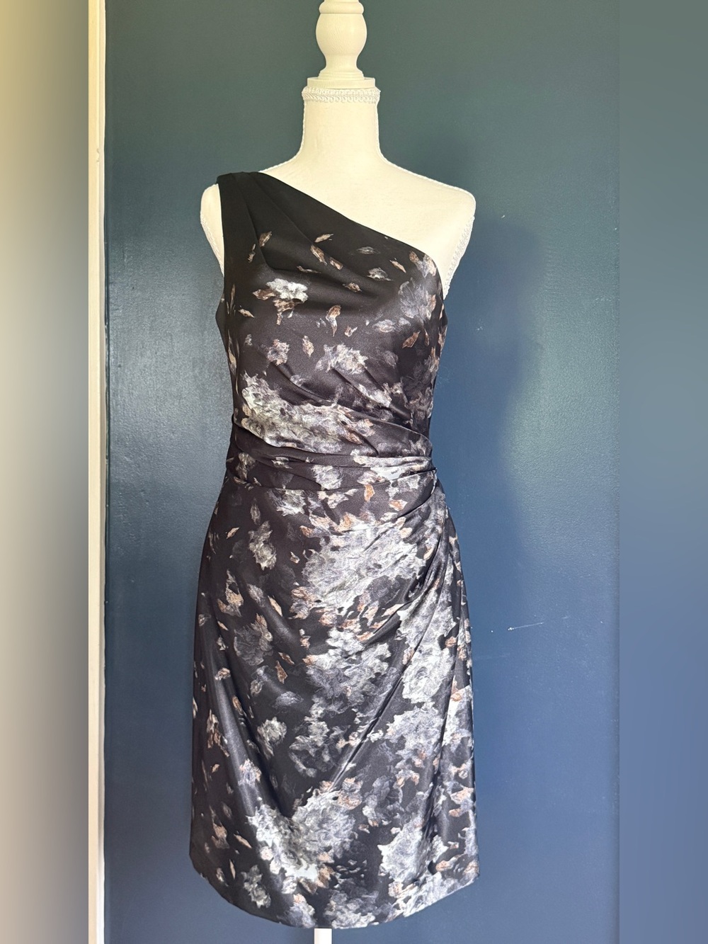 Maggy London One-Shoulder Black Floral Satin Evening Dress